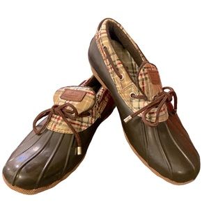 Sperry Top-Sider Brown Plaid Madras Weatherproof Rubber Duck Boots Size 7.5